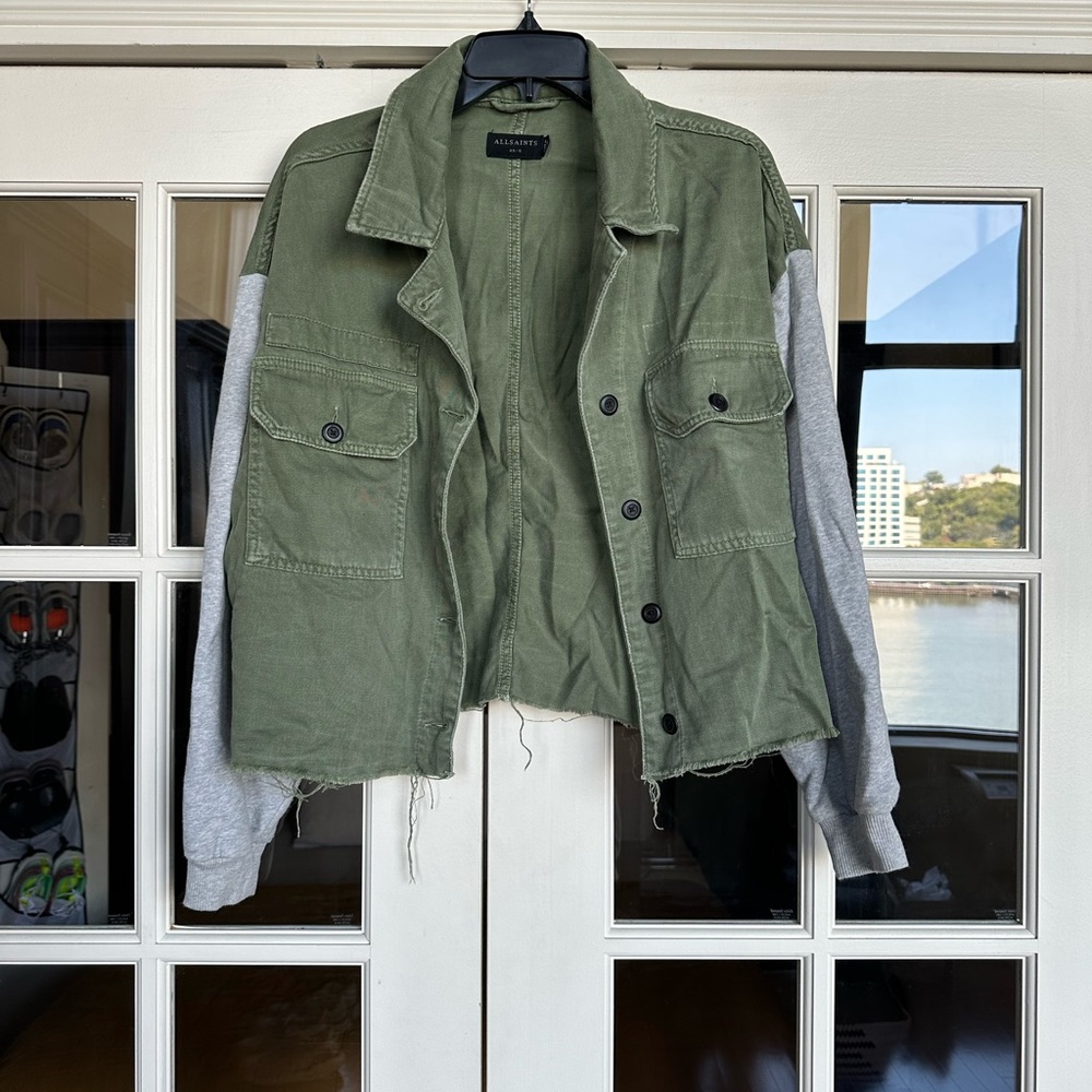 AllSaints Mixed Media Jacket (Olive twill & grey French terry)